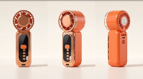 Orange 100-speed pocket turbo fan shown from the front, side, and back