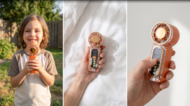 Orange 100-speed pocket turbo fan shown outdoors, resting on a bed, and held in one hand