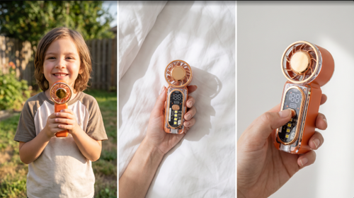 Orange 100-speed pocket turbo fan shown outdoors, resting on a bed, and held in one hand